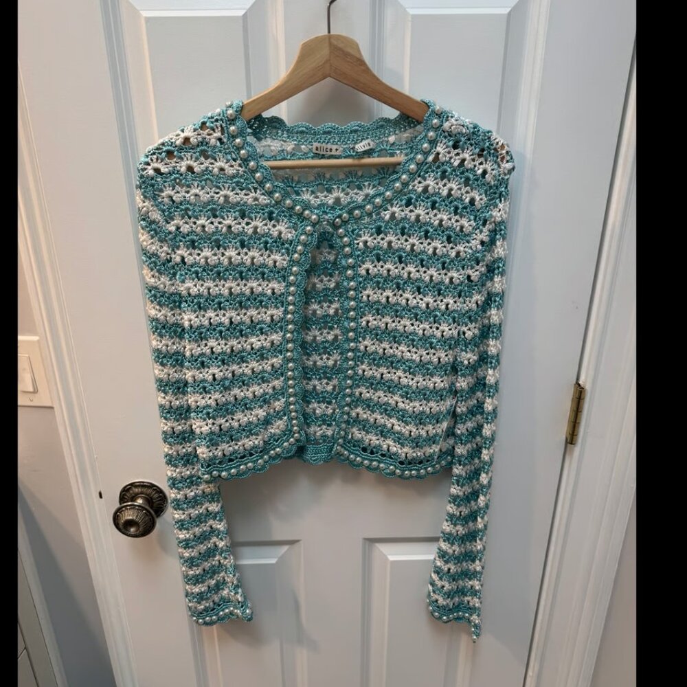 alice + olivia Teal and white crochet cardigan with pearl Size S
